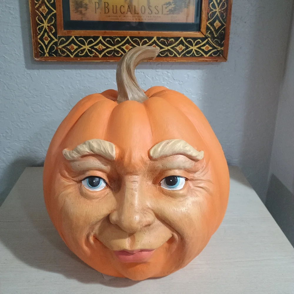 Whimsical Orange Pumpkin Face Sculpture - Picture 2 of 6